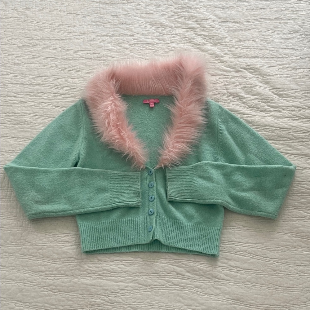 Mint Green Cardigan with Pink Fur Trim